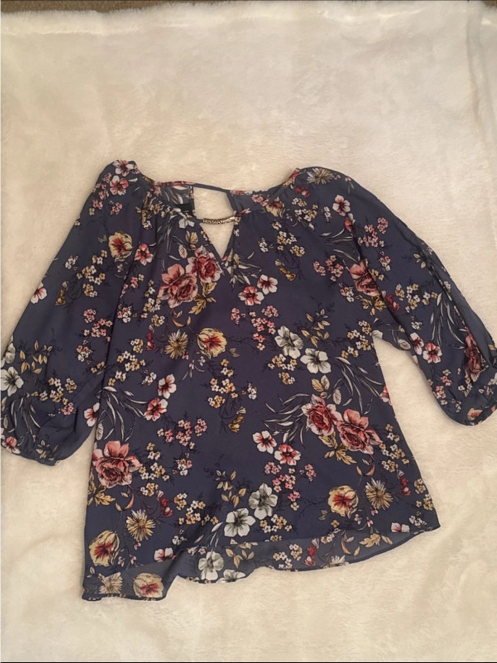by & by Navy Floral Keyhole Peasant Blouse